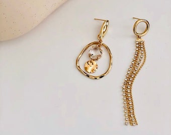 Asymmetrical Geometric Circle Clear Crystal Stone Dangling Drop Earring, Small Hoop Stud Long Chain Gold Plated Trendy Art Deco Sun Earrings