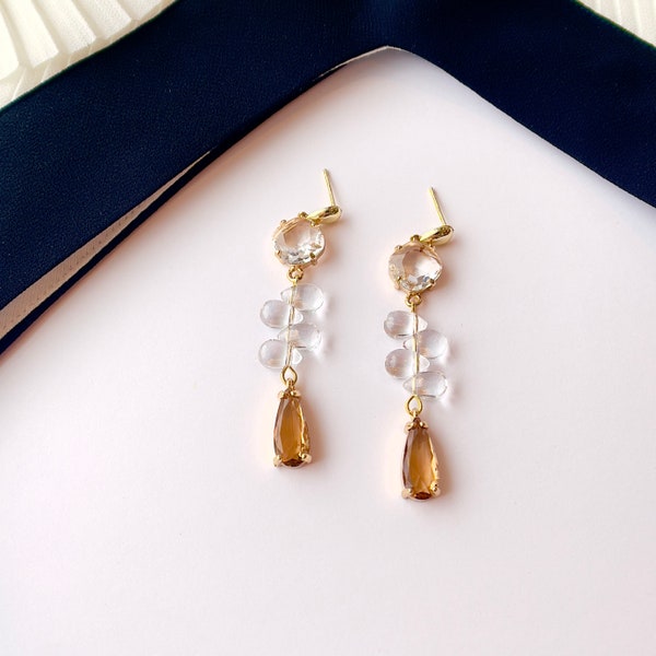 Citrine Chandelier Earrings for Women Friends Gold Plated Studs Teardrop Crystal November Birthstone Earring Set Birthday Gift for Her Mom