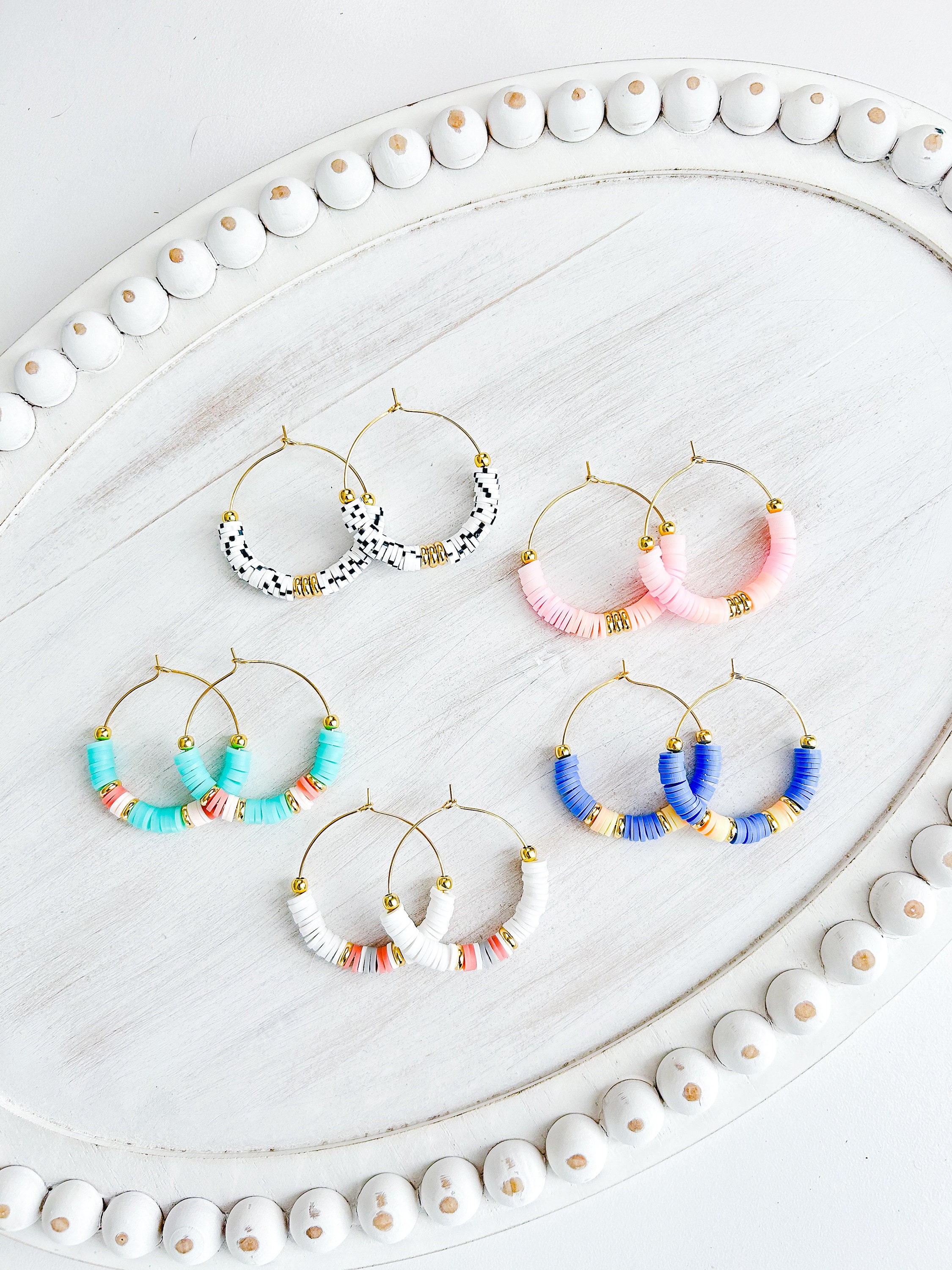 Heishi Bead Earrings Clay Bead Earrings Beaded Hoop Earrings 35mm