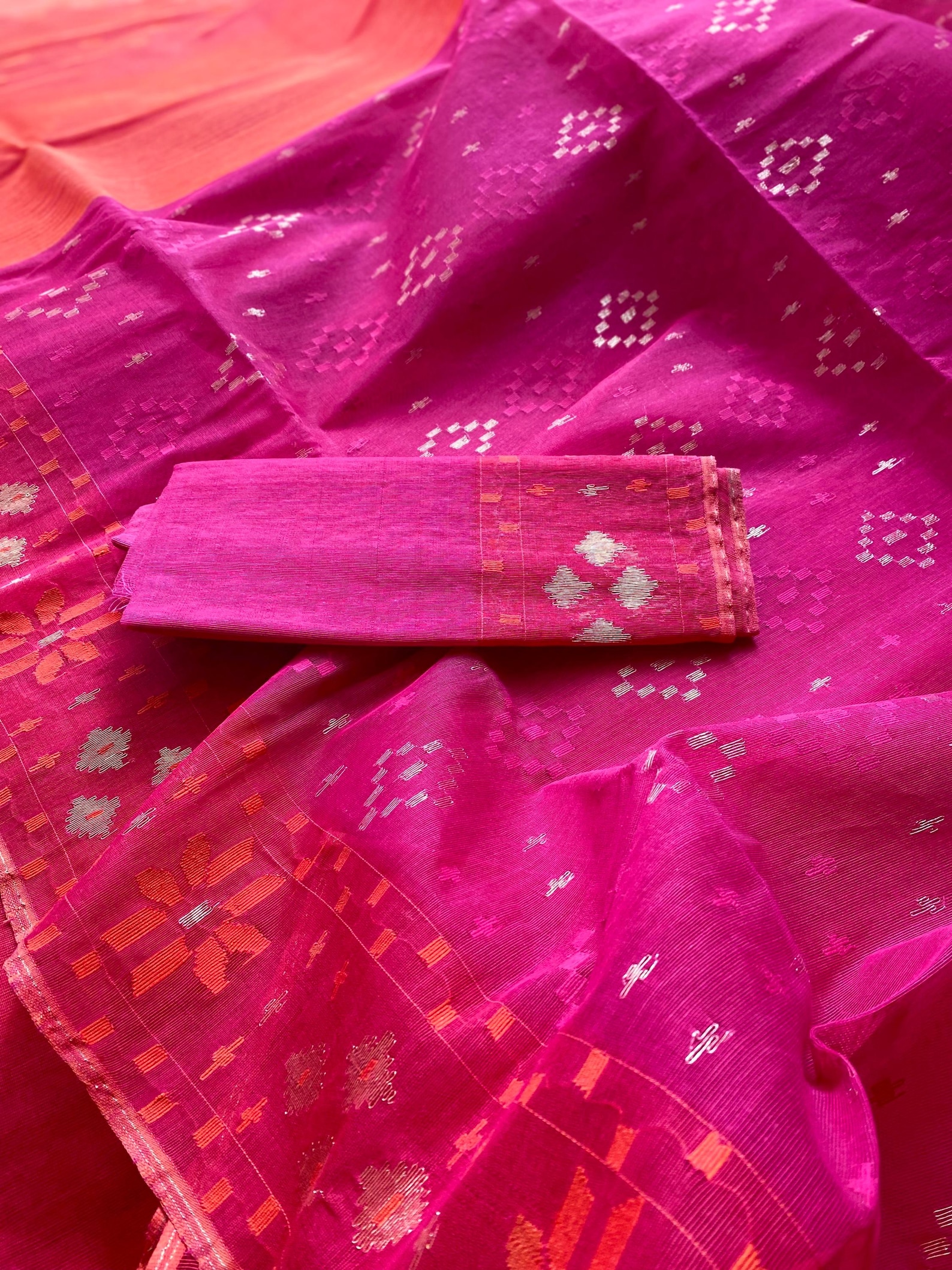 Pink - Silk Cotton Dhakai Jamdani Saree 14