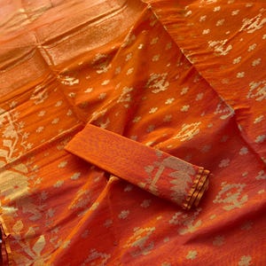 Beautiful and Authentic Bangladeshi Dhakai half silk jamdani saree-  orange colour Jamdani with golden motifs