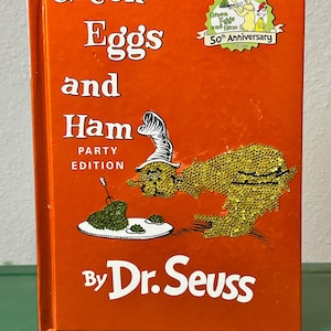 Strass Bucheinband 'Eier mit Schinken' | Funkelnder Dr. Seuss Decor | Einzigartige Kinderbuchkunst | Einzigartiges Geschenk für Buchliebhaber
