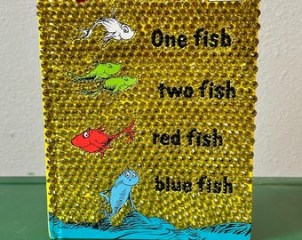 Rhinestone &#39;One Fish Two Fish Red Fish Blue Fish&#39; Book Cover | Sparkling Dr. Seuss Decor | Unique Children&#39;s Book Art