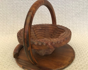 Vintage Hand Carved Wooden Folding Fruit Basket (20cm)