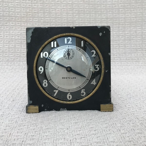 Vintage Canada Westclox 1930s Tide Alarm Clock, Westclox Windup Alarm Clock, Westclox Mechanical Alarm Clock, Metal, Black, Vintage clocks