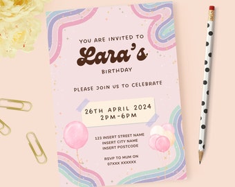 Pastel Rainbow Birthday Invitation, Birthday Party Invite, Printable Personalised Invitation Template Fun Girls Downloadable Invitation