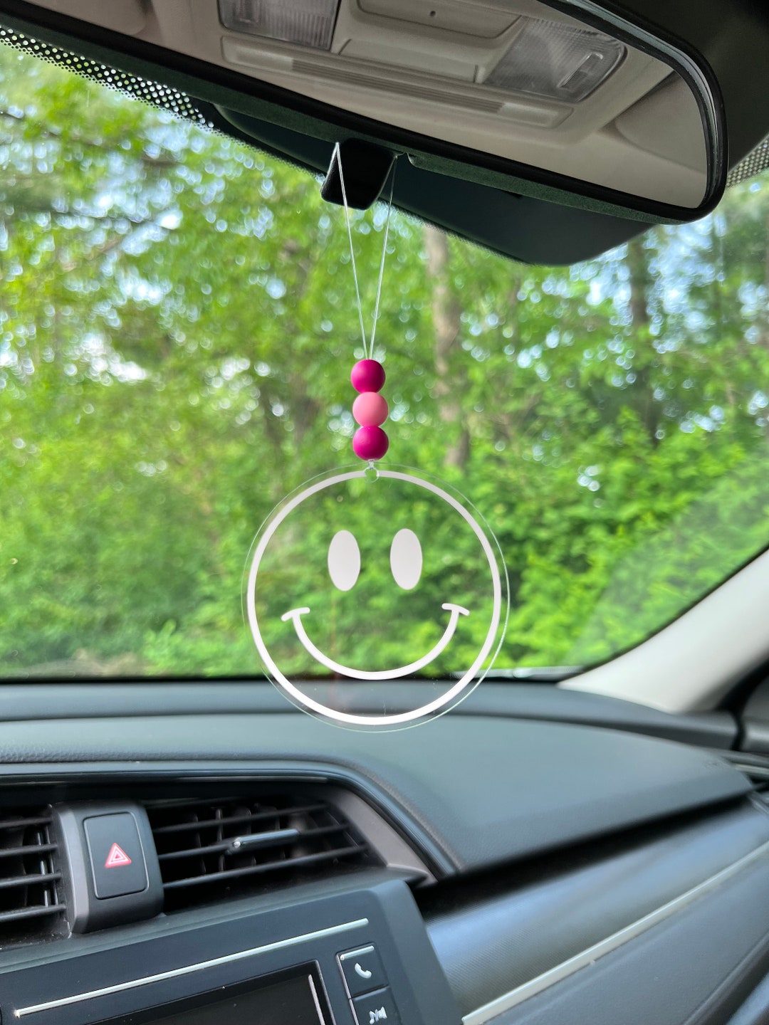 Smiley Face Acrylic Car Charm / Rearview Mirror Hanger / Girly Car Accessories / Beaded Car
