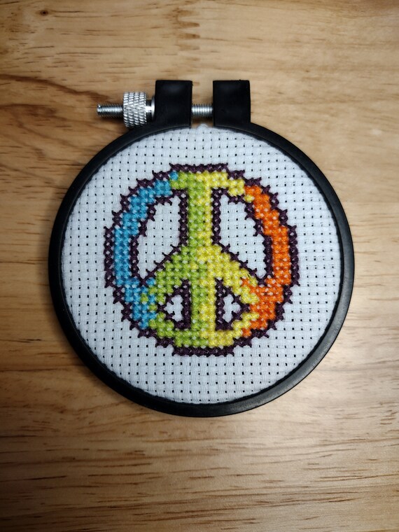 Rainbow Peace Sign Cross Stitch 3 in Round Finished in Etsy