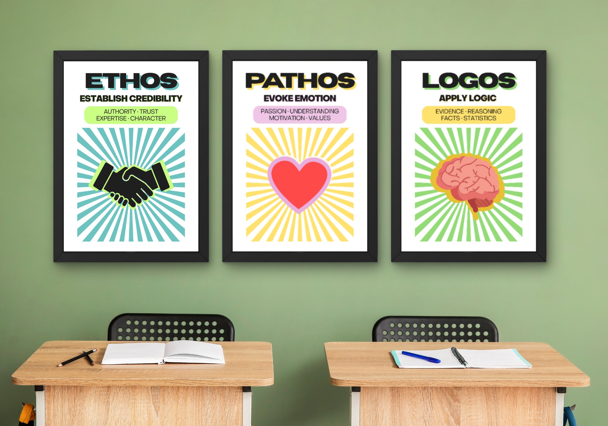 Set of 5 Ethos Pathos Logos Kairos, Classroom Decor High School AP