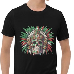 Aztec King Skull Mask T-Shirt: Mexican Flag Colors