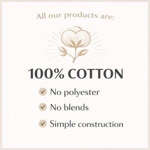May include: Cream-colored graphic with text stating "All our products are: 100% COTTON." Additional text includes "No polyester," "No blends," and "Simple construction." A cotton flower illustration is at the top.