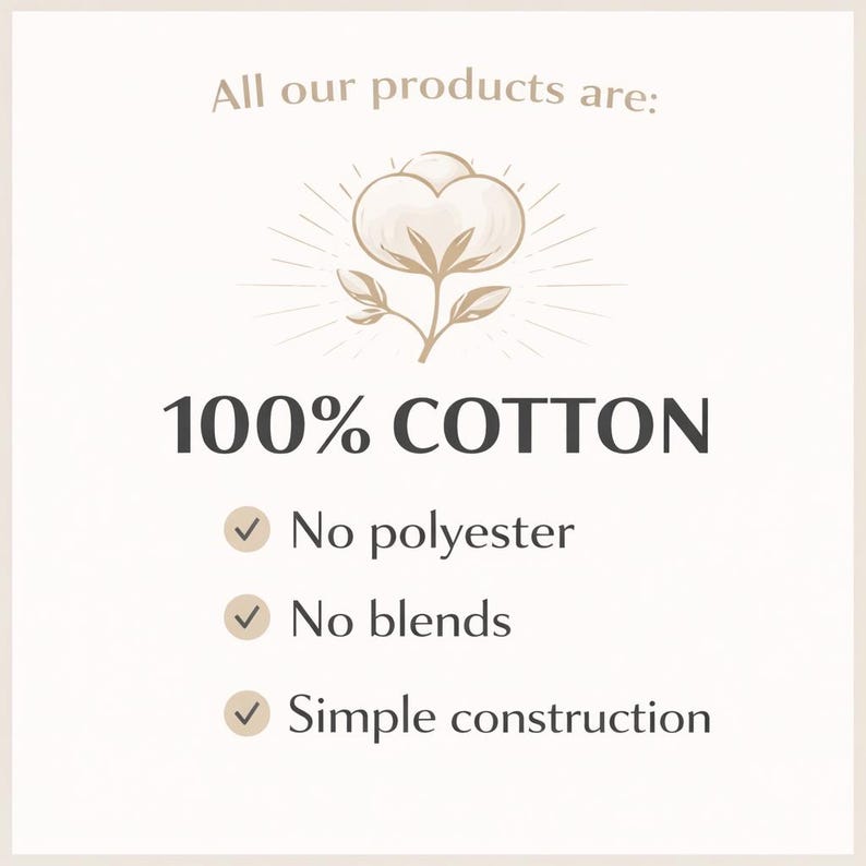 May include: Cream-colored graphic with text stating "All our products are: 100% COTTON." Additional text includes "No polyester," "No blends," and "Simple construction." A cotton flower illustration is at the top.
