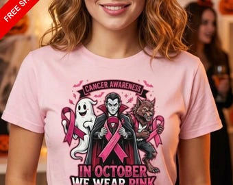 In October We Wear Pink T-Shirt Halloween Breast Cancer Monster Graphic Tee