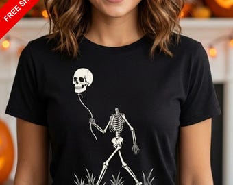 Skeleton Skull Balloon T-Shirt Vintage Gothic Horror Graphic Tee Spooky Season Top