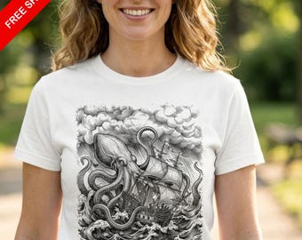 Kraken Sea Monster T-Shirt with Vintage Pirate Ship Woodcut Graphic