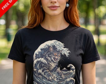 Japanese Cat Wave T-Shirt | Hokusai Inspired Art Tee