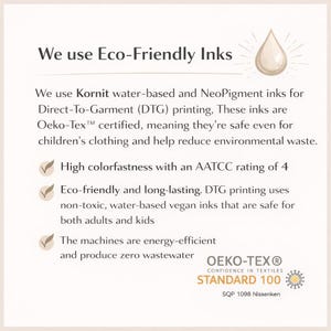 May include: White background with text stating "We use Eco-Friendly Inks." The text describes the use of water-based and NeoPigment inks for Direct-To-Garment printing, with Oeko-Tex certification. It highlights colorfastness, eco-friendliness, and energy-efficient machines.