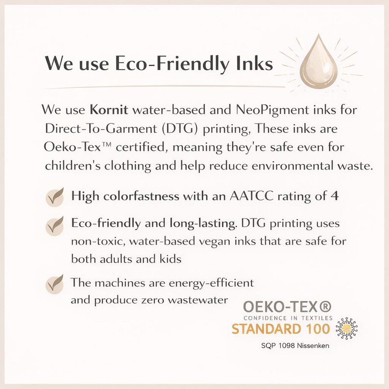 May include: White background with text stating "We use Eco-Friendly Inks." The text describes the use of water-based and NeoPigment inks for Direct-To-Garment printing, with Oeko-Tex certification. It highlights colorfastness, eco-friendliness, and energy-efficient machines.