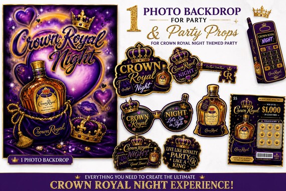 Crown Royal Night Party Bundle | Purple Gold Photo Backdrop, Props (Digital Download)