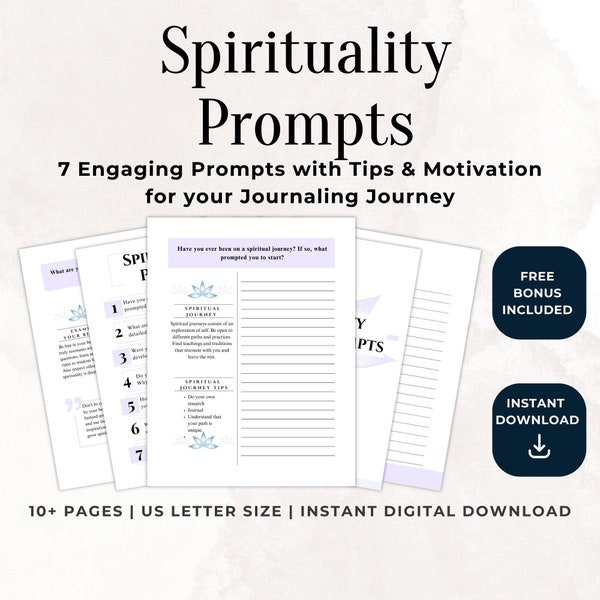 Spiritual Journal Writing Prompts Printable, Spiritual Journey, Awakening, Healing, Inner Peace, Worksheet, Self Care, Digital Download PDF