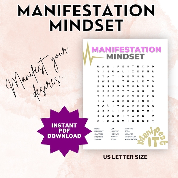Manifestation Word Search Printable | Spiritual Manifestation Print | Spiritual Activity Sheet