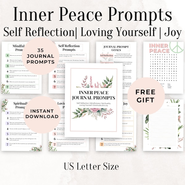 Inner Peace and Self Reflection Journal Prompts Printable for Healing and Self Love | Mindfulness, Spirituality, Loving Yourself, Gratitude