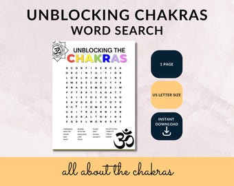 Sopa de letras de los siete chakras para imprimir / Información sobre los chakras para imprimir / Hoja de actividades espirituales