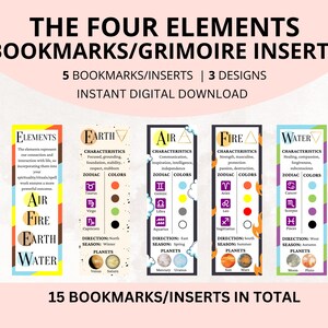 Four Elements Printable Bookmarks | Spiritual Elements Grimoire Inserts | Book of Shadows Printable PDF | Spirituality Printables