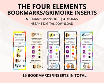 Marcadores imprimibles de cuatro elementos / Insertos de grimorio de elementos espirituales / PDF imprimible del Libro de las Sombras / Imprimibles de espiritualidad