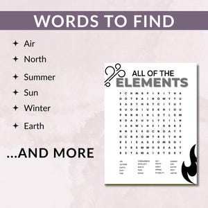 Puede incluir: Un rompecabezas de b&uacute;squeda de palabras titulado "All of the Elements" con un dise&ntilde;o en blanco y negro. El rompecabezas incluye una lista de palabras para encontrar, como "Air", "North", "Summer", "Sun", "Winter" y "Earth".