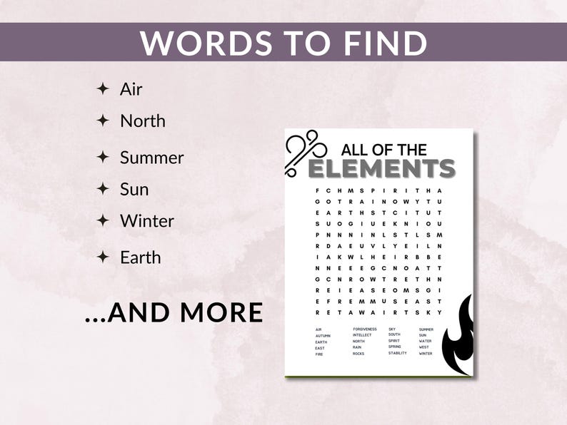 Puede incluir: Un rompecabezas de b&uacute;squeda de palabras titulado "All of the Elements" con un dise&ntilde;o en blanco y negro. El rompecabezas incluye una lista de palabras para encontrar, como "Air", "North", "Summer", "Sun", "Winter" y "Earth".