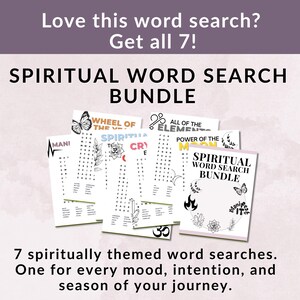Puede incluir: Un paquete de siete rompecabezas de b&uacute;squeda de palabras de tem&aacute;tica espiritual. La portada del paquete dice "SPIRITUAL WORD SEARCH BUNDLE". La imagen incluye el texto "Love this word search? Get all 7!" y "7 spiritually themed word searches."