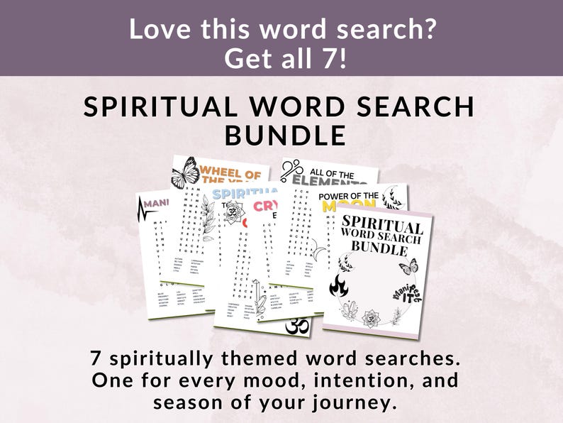 Puede incluir: Un paquete de siete rompecabezas de b&uacute;squeda de palabras de tem&aacute;tica espiritual. La portada del paquete dice "SPIRITUAL WORD SEARCH BUNDLE". La imagen incluye el texto "Love this word search? Get all 7!" y "7 spiritually themed word searches."