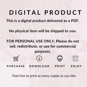 Puede incluir: Anuncio de un producto digital, entregado como PDF. El texto, en negro, incluye "PRODUCTO DIGITAL" e instrucciones: comprar, descargar, imprimir y disfrutar. Solo para uso personal.