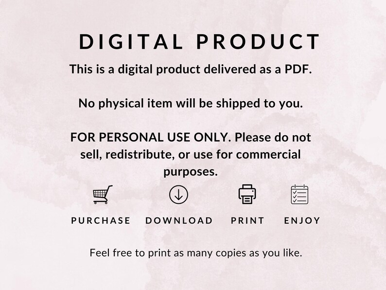 Puede incluir: Anuncio de un producto digital, entregado como PDF. El texto, en negro, incluye "PRODUCTO DIGITAL" e instrucciones: comprar, descargar, imprimir y disfrutar. Solo para uso personal.