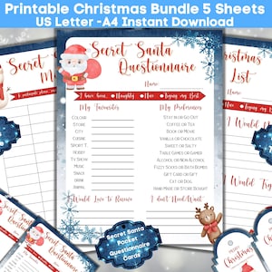 Paquete navideño Hojas rellenables imprimibles en inglés de Papá Noel secreto, Lista de deseos, Registro y Cuestionario de Papá Noel secreto