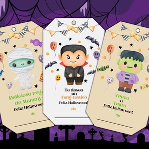 Hiszpański Wydrukowany Akwarela Halloween Torba na smakołyki Tagi dla dzieci Wypełniane – Pastelowe