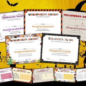 Angielski: Wydrukowane w języku angielskim Certyfikaty nagród za wydarzenie jesienne Halloween i pakiet kart do głosowania