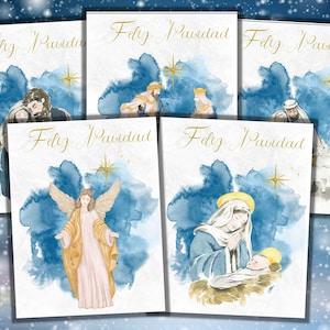 Paquete de Tarjetas de Felicitación de Navidad de Natividad Espanol Acuarela Imprimible