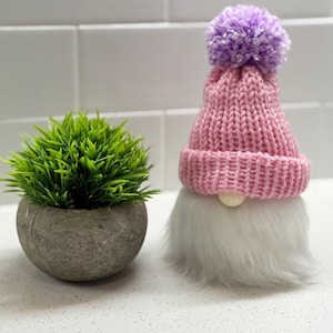 Handmade Knitted Gnome with Pink Beanie, Shelf Sitter, Farmhouse Gnome Gift, Tiered Tray Decor