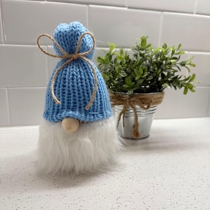 Handmade Knitted Gnome: Blue Hat, Cozy Shelf Sitter