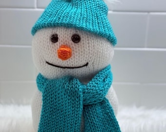 Handmade Knitted Snowman with Blue Hat & Scarf: Cozy Christmas Decor