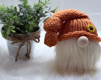Handmade Knitted Gnome with Sunflower: Fall Decor Shelf Sitter
