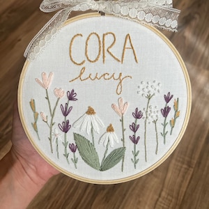 Floral embroidery hoop, handmade, custom birth announcement