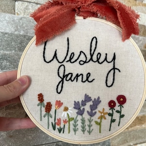 Personalized Name 6in Hoop Hand Embroidered with Florals, Birth Announcement