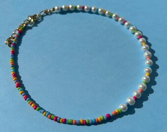 Colorful Beaded Pearl Choker Necklace, Half and Half Gold Indie Jewelry Accessory