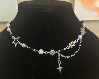 Grunge Aesthetic Necklace Choker, Cute Silver Blue Star Jewelry