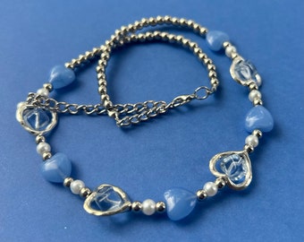Silver Blue Heart Princess Choker Necklace, Cute Aesthetic Handmade Crystal Jewelry Accessory (ADJUSTABLE)