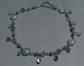 Cute Crystal Snail Blue White Necklace Choker, Aesthetic Teardrop Jewelry Silver