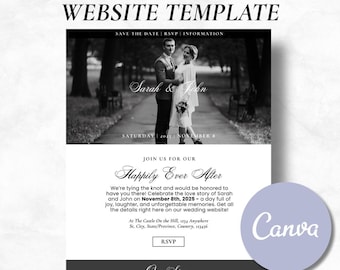 May include: A black and white wedding website template with the text "Editable Wedding Website Template." The template includes a photo of a couple, the names "Sarah & John," and the date "November 8th, 2025."